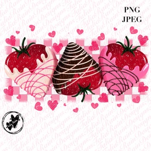 May include: Three chocolate-covered strawberries, each dipped in a different colour of chocolate: white, dark, and pink. The strawberries are arranged on a pink and white chequered background with pink hearts scattered around them.