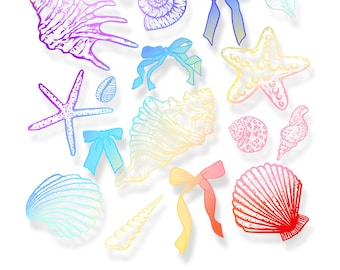 Regenbogen Muschel & Seestern Clipart: Vintage Küsten Grafiken (PNG Digital Download)