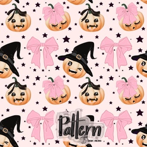 Abóboras fofas, bruxas e laços, padrão sem emendas PNG | Papel digital de Halloween | Artesanato de outono, tecido de design de outono, fundo digital