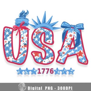 EUA 1776 Sublimação PNG | Design Patriótico de Estrelas Vermelhas, Brancas e Azuis | Clipart de Laço Coquete da Estátua da Liberdade | Camisa do 4 de Julho PNG