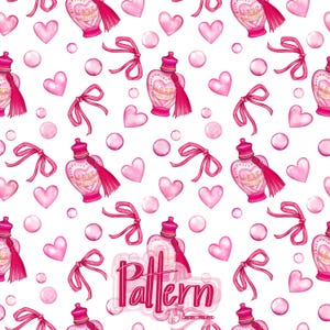 Op de afbeelding: Een naadloos patroon met roze harten, roze strikken en roze flessen met een gouden label met de tekst "Love Potion". De achtergrond is wit.
