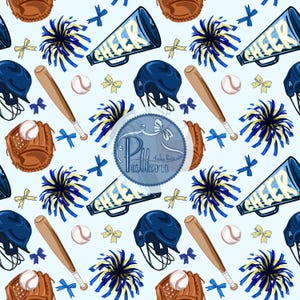 May include: A seamless pattern featuring blue and yellow cheerleading pom-poms, baseball bats, catcher's masks, baseballs, and megaphones with the word "CHEER" on them. The background is light blue with blue and yellow bows.
