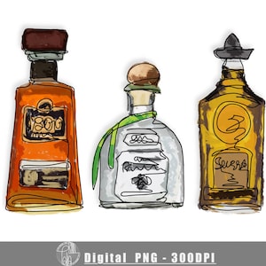 Tequila & Whiskey Bottle Clipart: Alcohol Beverage PNG, JPEG (Digital Download)