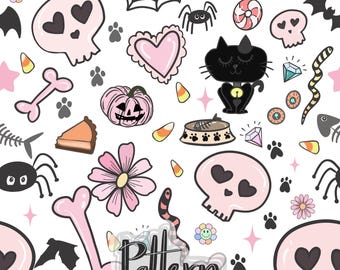 Halloween Skulls Pattern | Retro Fabric, Scrapbook Paper (PNG, JPEG)
