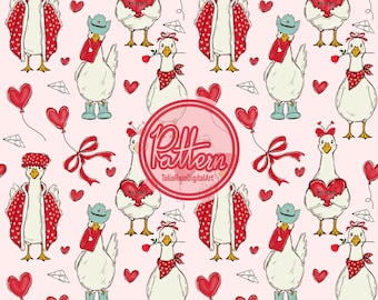 May include: A repeating pattern featuring cartoon geese in various Valentine's Day outfits. The geese hold heart-shaped balloons, roses, and wear cowboy hats, scarves, and jackets. Red hearts and bows are scattered on a pink background.