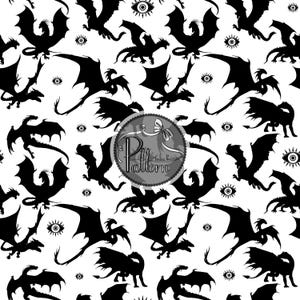 May include: A black and white seamless pattern featuring silhouettes of dragons and stylized eyes. The dragons are in various poses, with wings spread and tails curled. The eyes are simple and circular, with a single pupil.
