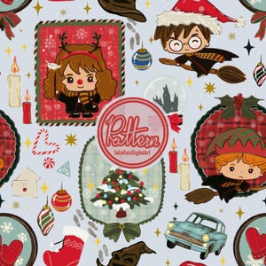 May include: A light blue seamless pattern featuring cartoon characters, Christmas ornaments, and a Christmas tree. The design includes a car, a stocking, and footprints. The pattern also includes the text "Pattern" and "TaliaRainDigitalArt".