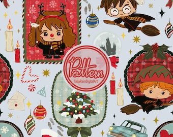May include: A light blue seamless pattern featuring cartoon characters, Christmas ornaments, and a Christmas tree. The design includes a car, a stocking, and footprints. The pattern also includes the text "Pattern" and "TaliaRainDigitalArt".