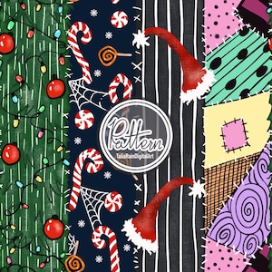 May include: A digital pattern featuring vertical sections of green pine branches with red ornaments and string lights, dark blue with candy canes and spiderwebs, black with white stripes and red Santa hats, and a colorful patchwork of stitched fabric.