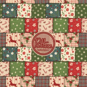 Könnte beinhalten: Ein festliches Patchwork-Muster mit Quadraten, die Weihnachtsmotive zeigen. Die Quadrate zeigen Blumenarrangements, Rentiere, Zuckerstangen und Tartanmuster. Die Farbgebung umfasst Rot-, Grün-, Creme- und Blautöne. Das Wort "Pattern" befindet sich in einem kreisförmigen Design.