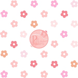 Peut inclure: Un motif sans couture composé de fleurs roses, pêche et blanches sur un fond blanc. Le motif est répété sur toute l'image. Le texte "Pattern" est dans un cercle rose avec un nœud.