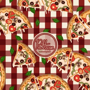 May include: A digital pattern featuring pizza slices with toppings like tomatoes, olives, and mushrooms. The pizza slices are arranged on a red and white checkered background, with green leaf accents. The design includes a circular logo with the word "Pattern" and the text "TaliaRainDigitalArt".