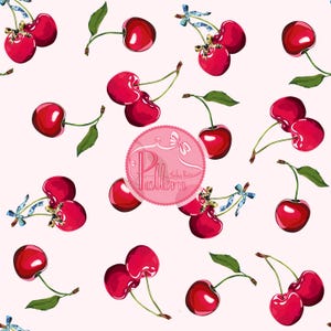 Kirschen Blumen Blumen Musterdesign PNG - Niedliche rote Kirschen & Blaue Blumen Digitales Papier, Fruit Print for Fabric, Kirsche Sublimation.