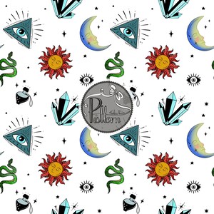 May include: A white background with a repeating pattern of mystical symbols. The design includes a sun with a face, a crescent moon with a face, an eye within a triangle, crystals, snakes, and potion bottles. The word "Pattern" is in the center.