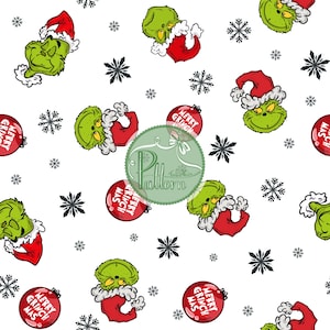 Puede incluir: Un patrón repetido sobre un fondo blanco con el Grinch con un gorro de Papá Noel y un traje rojo, junto con adornos rojos que dicen "Merry Grinch Mas" y copos de nieve negros. El Grinch es verde con ribete de piel blanca.