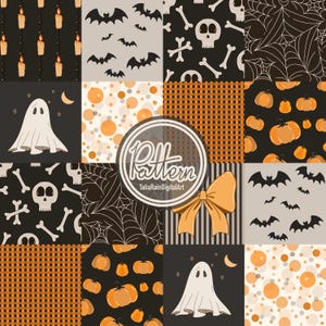 May include: A digital collage of sixteen square tiles featuring Halloween patterns including orange pumpkins, white ghosts, black bats, skulls, bones, spider webs, orange polka dots, orange gingham, and candles, with a central logo reading Pattern TaliaRainDigitalArt.