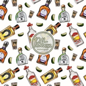 Nahtloses Tequila Flaschen Muster | PNG, JPEG | Digitaler Download, Whisky-Getränke-Digital-Papier, Hand gezeichnet.