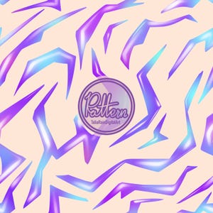 Pode incluir: Padrão de arte digital abstrata com formas geométricas em tons de roxo, azul e branco sobre um fundo pêssego claro. A palavra "Pattern" está em um círculo com o nome do artista. Adequado para várias aplicações.