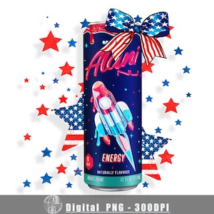 May include: A blue and red can of Alani Nu energy drink with a rocket ship graphic and the text "ENERGY" and "NATURALLY FLAVORED". The can is decorated with a red, white, and blue bow and stars.