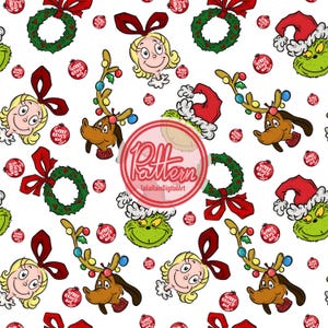 Patrón navideño sin costuras del Grinch festivo / PNG, JPEG / Coronas navideñas (Descarga digital) Dibujado a mano