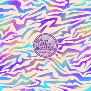 May include: Abstract digital pattern featuring a repeating design of jagged, iridescent shapes in shades of purple, blue, and green on a light beige background. The word "Pattern" is in a circle with the artist's name.
