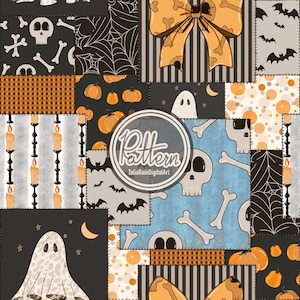 May include: A digital patchwork pattern featuring Halloween motifs including skulls, bones, spiderwebs, pumpkins, ghosts, bats, and candles. The design incorporates orange, black, grey, and blue squares with a central circular logo reading Pattern TaliaRainDigitalArt.