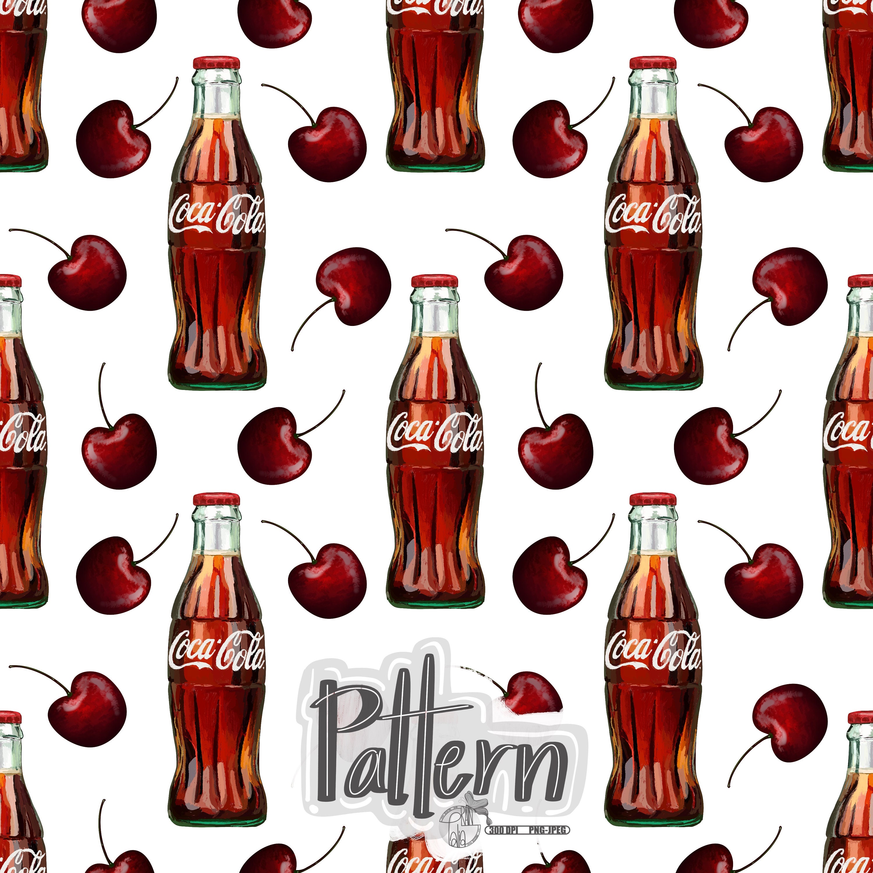 Coca Cola and Cherries Hand Drawn Seamless Design Pattern | PNG & JPEG ...