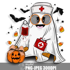 Könnte beinhalten: Ein Cartoon-Geist, der als Krankenschwester verkleidet ist und eine Krankenschwestermütze und orangefarbene Brille trägt. Der Geist hält einen Blutbeutel und einen roten Erste-Hilfe-Kasten. Ein geschnitzter Kürbis und Süßigkeiten sind ebenfalls vorhanden, mit Fledermäusen und Sternen im Hintergrund.