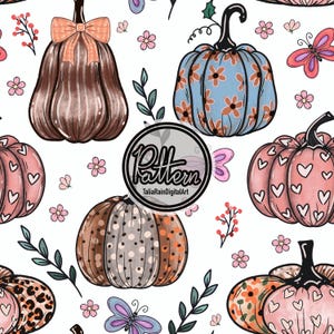 May include: A seamless digital pattern featuring various pumpkins on a white background. Designs include brown striped pumpkins with bows, blue floral pumpkins, pink heart-patterned pumpkins, and spotted pumpkins, accented with butterflies and flowers.