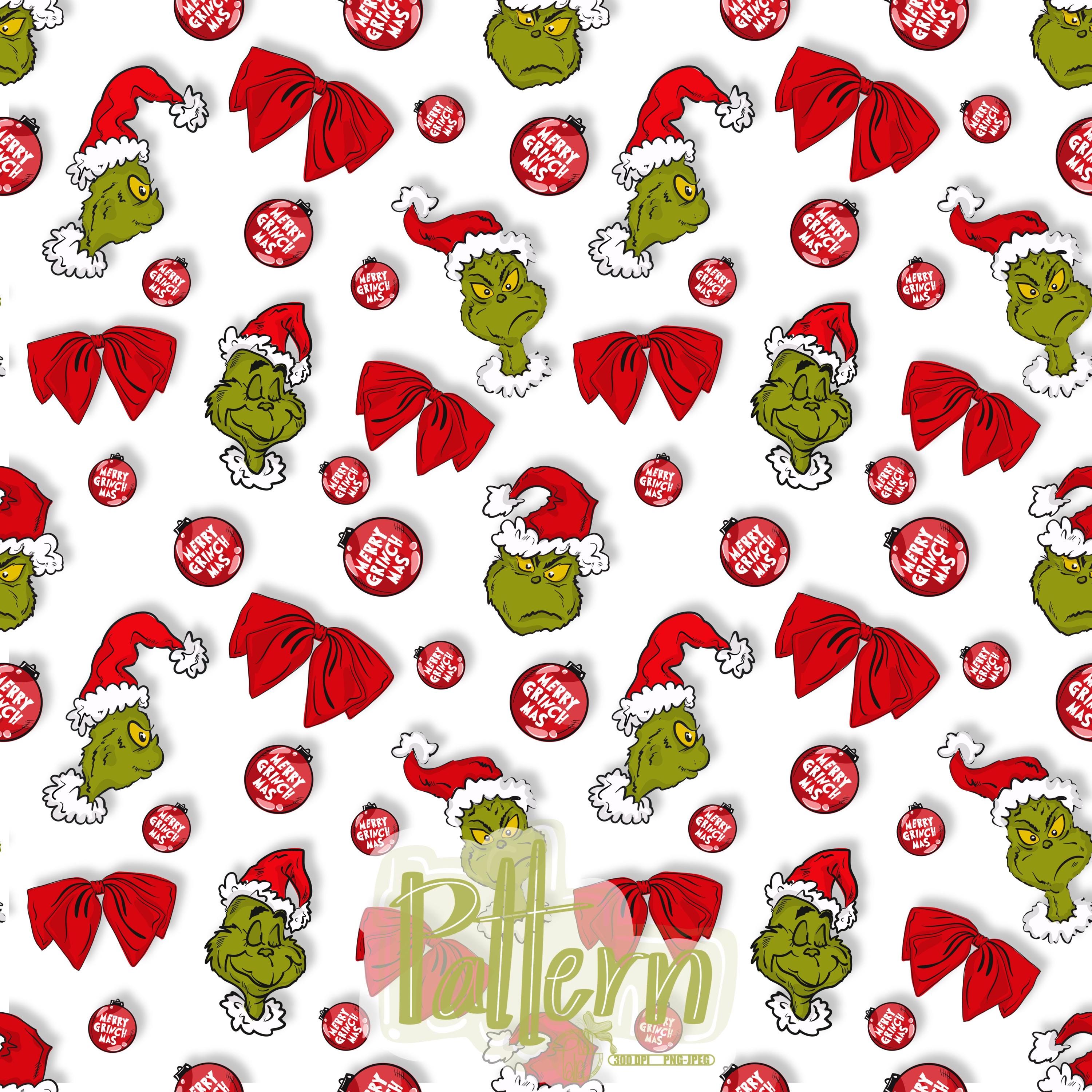 Grinch Christmas Seamless Pattern: Red Bow Fabric Print (PNG, JPEG ...