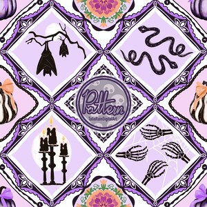 Vintage Purple Halloween Patchwork Seamless Pattern | PNG | Spooky Pumpkin Snake Ghost Skeleton Digital Paper, Halloween Fabric Design