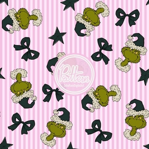 Può includere: Un motivo ripetuto con un personaggio dei cartoni animati verde che indossa un cappello verde scuro con finiture bianche, fiocchi neri e stelle verde scuro su uno sfondo a righe rosa e bianche. Il testo "Pattern" è in un cerchio.