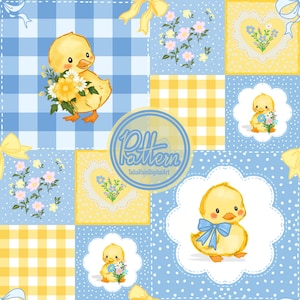 May include: A digital pattern featuring yellow ducklings, blue and yellow gingham squares, and floral motifs. The design includes illustrations of ducklings with flowers, a blue bow, and heart-shaped frames. Text reads Pattern TaliaRainDigitalArt.