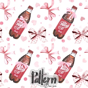 May include: A seamless pattern featuring pink bows and Dr Pepper bottles with pink bows on a white background. The bottles are 20 oz and have the Dr Pepper logo and (23) on them.