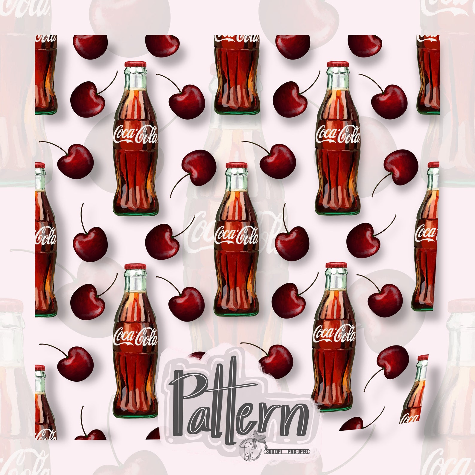 Coca Cola and Cherries Hand Drawn Seamless Design Pattern | PNG & JPEG ...