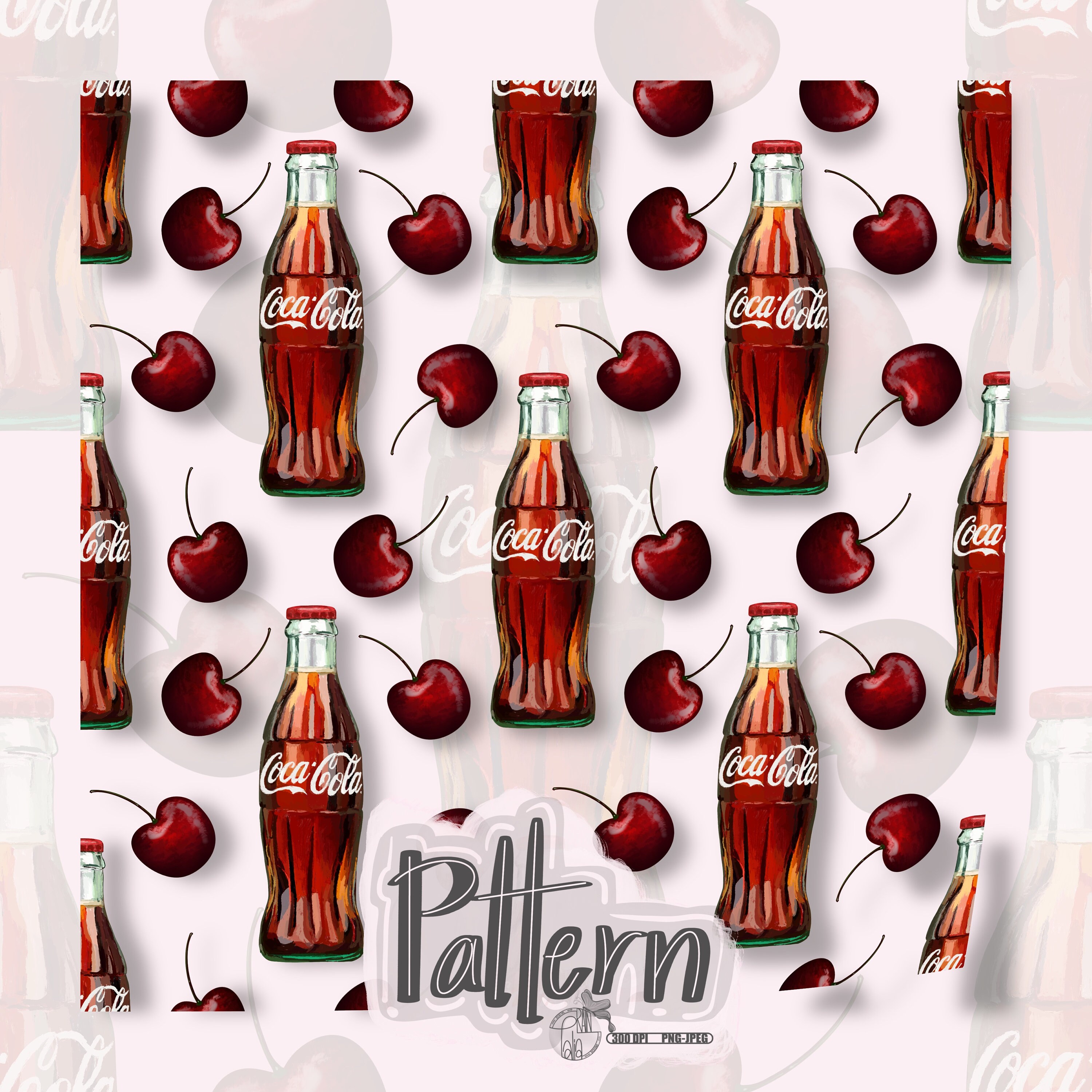Coca Cola and Cherries Hand Drawn Seamless Design Pattern | PNG & JPEG ...