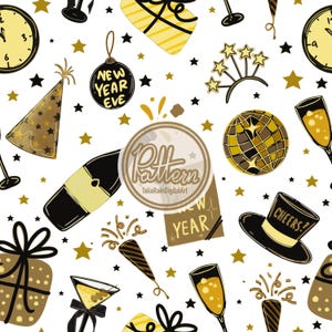 May include: A festive New Year's Eve pattern with champagne bottles, clocks, party hats, and star confetti in gold, black, and white. The design includes a globe, gift boxes, and a top hat with the word "Cheers!"