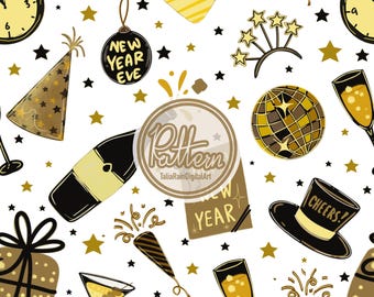 May include: A festive New Year's Eve pattern with champagne bottles, clocks, party hats, and star confetti in gold, black, and white. The design includes a globe, gift boxes, and a top hat with the word "Cheers!"
