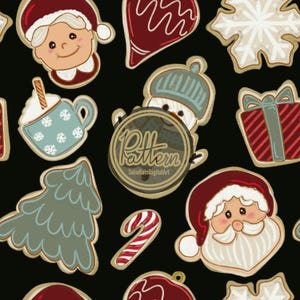 May include: A repeating pattern of Christmas-themed cookies on a black background. The cookies include Santa Claus, snowmen, snowflakes, Christmas trees, and gift boxes. The cookies are outlined in a light brown color.