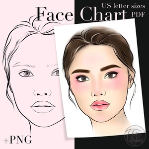 May include: A printable face chart template in PDF format. The chart includes a blank face outline and a coloured example of a face with blush, eyeshadow, and lipstick. The text "Face Chart" is in large, bold letters at the top of the image. The text "US letter sizes" and "PDF" are also included in the image.
