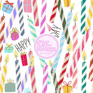 May include: A vibrant digital illustration of birthday candles with striped patterns in shades of red, pink, blue, and green. The image also includes gift boxes and the words "HAPPY DAY".