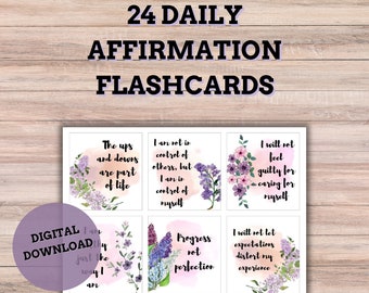 Tarjetas didácticas realistas con afirmaciones diarias / 24 tarjetas con frases amables / Diseño en acuarela y lila / Descarga instantánea en PDF