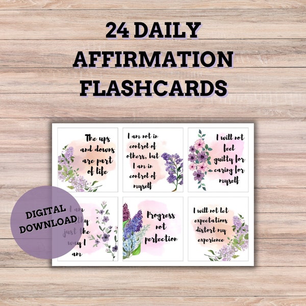 Realistic Daily Affirmation Flashcards, 24 Cards with a Watercolor and Lilac Design, Kind Phrases, Instant PDF Download