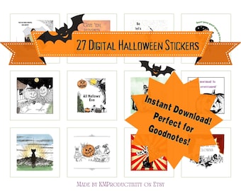 Pegatinas de Halloween de inspiración vintage para agendas digitales / Pegatinas transparentes para Goodnotes / Decoración de temporada para diarios digitales