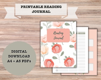 Diario de lectura digital imprimible / 5 páginas diferentes para llevar un registro de los libros / Diseño floral sencillo