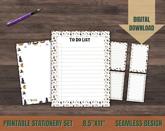 Kit de papelería de Halloween imprimible con páginas en blanco y con líneas y tarjetas de notas