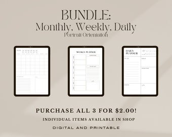 Paquete: agendas diarias, semanales y mensuales minimalistas y calendario sin fecha / digitales e imprimibles / tamaño carta, orientación vertical