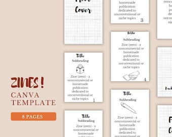 Plantilla Mini Zine Canva, 8 páginas en blanco y negro para editar, imprimir y doblar