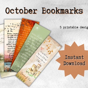 Printable October Bookmarks with Autumn Themed Book Quotes | Set of 5 Page Holders | Instant Download