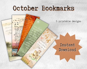Marcadores de octubre imprimibles con citas de libros con temática otoñal / Juego de 5 portapáginas / Descarga instantánea